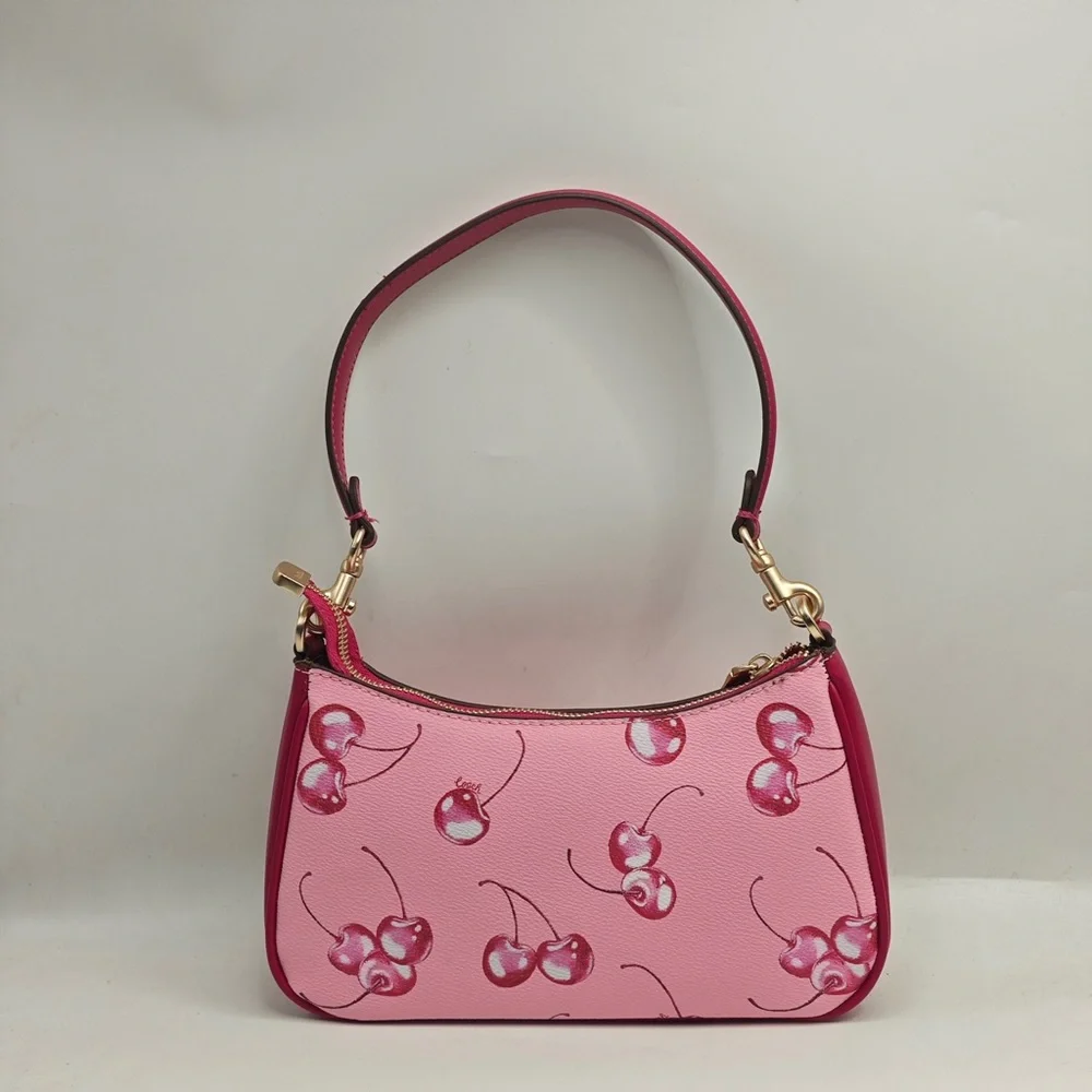 COACH Pink Cherry Print Shoulder Bag with Gold Hardware